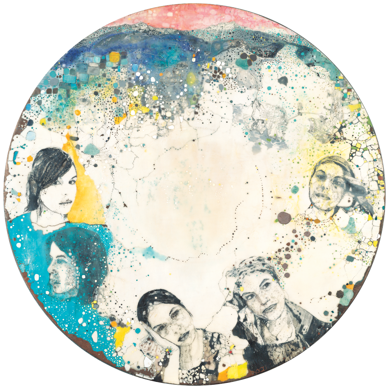 Featured Piece is [I Am], I Contain Multitudes. Ego or identity label by artist Andreina Davila (Self-portrait) Encaustic Mixed Media on Wood | 36″ Diameter | 2013 | I am Series